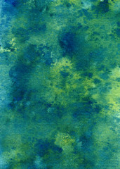 Watercolor drawing. Background with abstract spots, transitions, and gradient. Green, yellow and blue shades. Texture of watercolor paper.