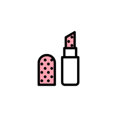 Vector lipstick icon in flat style with black stroke, pink fill and circles texture