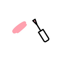 Vector linear nail polish brush icon with black stroke, white and pink fill. Polish brush leaves a pink strokes on a white background