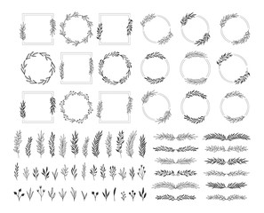Collection of hand drawn frames, dividers, herbs, flowers, borders, corners. Wedding doodle design elements. Vector isolated illustration. - obrazy, fototapety, plakaty