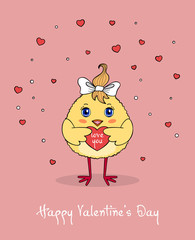 Cute chicken character holding a red heart. Valentines Day greeting card template