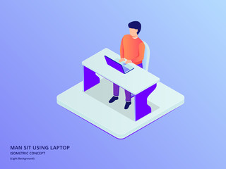 man work on the desk table with laptop notebook analyze data with modern isometric style