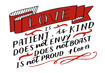 Hand lettering with Bible verse Love is patient, kind.