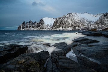 Fototapeta premium Devil's teeth in Steinfjord fjord and mountain in Northern Norway