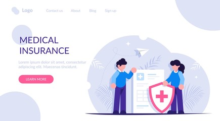 Healthcare concept. People stand in the background of a medical document and a shield. Health insurance. Modern flat vector illustration. Landing web page template.