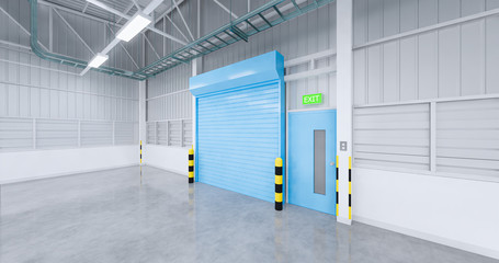 Roller door or roller shutter inside factory, warehouse or industrial building. Modern interior...
