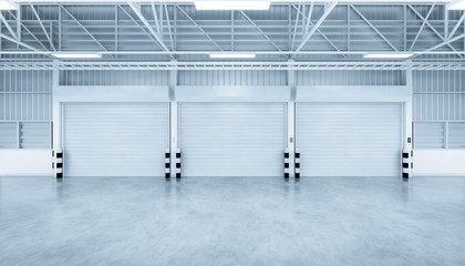 Roller door or roller shutter inside factory, warehouse or industrial building. Modern interior design with polished concrete floor and empty space for product display, industry background. 3d render.