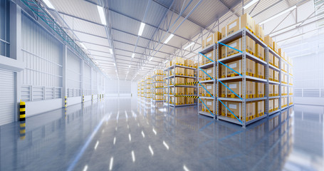 Warehouse or industry building interior. known as distribution center, retail warehouse. Part of storage and shipping system. Included box package on shelf, empty space and concrete floor. 3d render. - obrazy, fototapety, plakaty