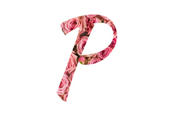 The letter A of the English alphabet is cut out of pink roses on a white isolated background.Floral pattern, texture.Bright alphabet for stores, sales, websites, postcards and holiday greetings.