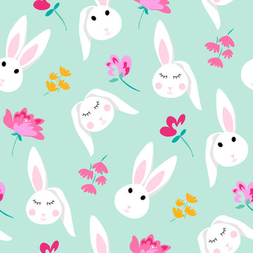 Pattern design cute bunny, rabbit face and small pretty flowers, mint, blue background