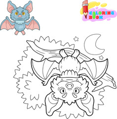 cartoon cute little bat hanging on a branch, funny illustration
