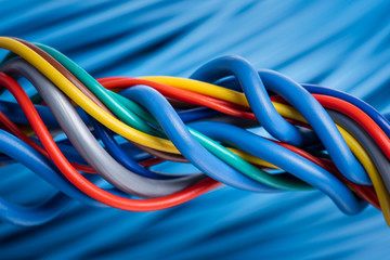Multicolored electrical computer cable, transmission of data and information in social global...