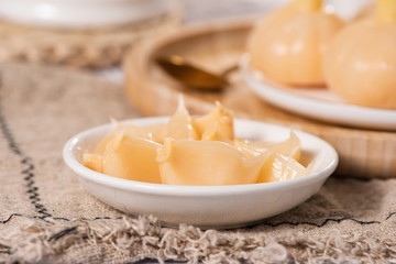 Garlic pickled with vinegar and sugar is very popular in South Korea and Asia
