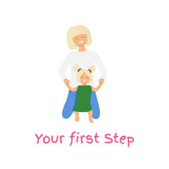 Vector illustration of blond mother and daughter. Mummy teaching to walk baby toddler. Little girl learning to do first step. Flat design for mother's day isolated. Happy family spending time together