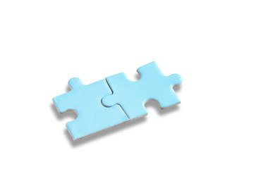 Two blue puzzle isolated on white background, business productive concept and connection idea