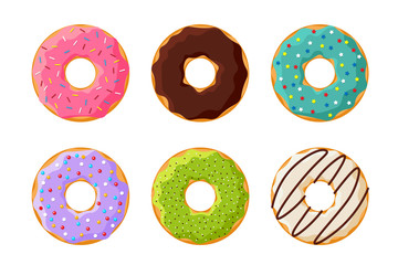 Cartoon colorful tasty donut set isolated on white background. Glazed doughnuts top view collection for cafe decoration or menu design. Vector flat illustration