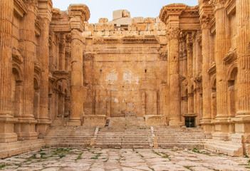Baalbek, Lebanon - place of two of the largest and grandest Roman temple ruins, the Unesco World Heritage Site of Baalbek is a main attractions of Lebanon. Here in particular the Temple of Bacchus - obrazy, fototapety, plakaty