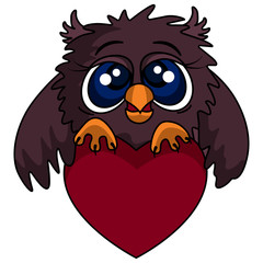 Cute little owl with a red heart. Valentine's day. Flat vector illustration on a white background.