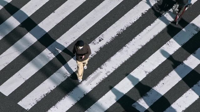 Slow motion of elevated view over a crowd pedestrian crossing in road intersection with light of a sunset. Asia downtown at day. Metropolitan City-Dan