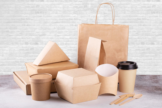 Recycling concept. Delivery food background. Fast food eco packaging on white wall background