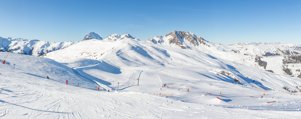 Panoramic winter view of  the slopes in the Jochberg area of the Kitzski resort, Kitzbuhel Alps, Austria.
