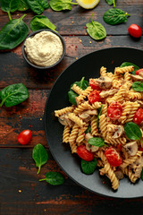 Healthy Creamy Hummus pasta with mushroom and roast tomatoes. vegan vegetarian, plant based.