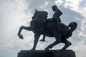 Charming scene of the cavalier statue on cloudy sky with sunlight background , copy space , Zurich , Switzerland