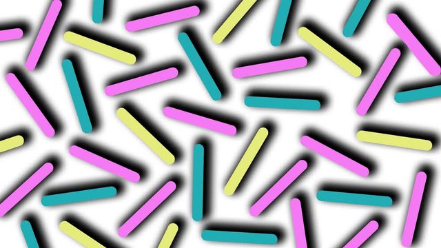 Retro abstract 80's 90's design pattern background. Multiple colorful sticks moving around. Seamless 4k pop art design that can be set in a loop.