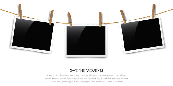 Photo frames on a rope with wooden clips, Vector illustration