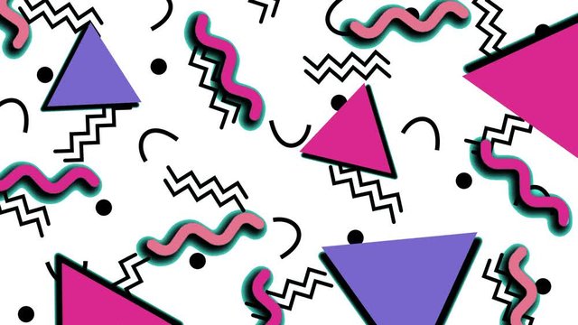 Retro abstract 80's 90's design pattern background. Memphis style with geometrical shapes of different vintage colors. Seamless 4k pop art design that can be set in a loop.
