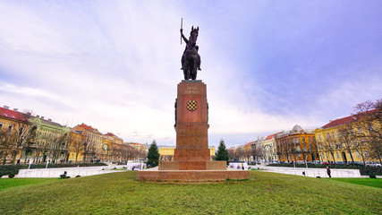 Zagreb, Croatia - February 20, 2020 : Kralj Tomislav statue and landscape view in Zagreb, Croatia. Balkan European Country