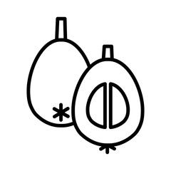Outline icon of half cut loquat with seeds and whole exotic fruit isolated in white background. Vector linear thin illustration of Japanese medlar or plum. Pipa or nespola. Editable stroke.