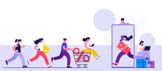 Naklejka premium Online shopping concept, consumerism and people. Young people women and men make purchases using a smartphone, laptop. Landing page template.