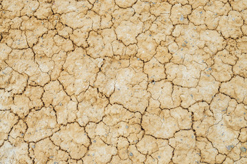 Nature background of cracked dry lands. Natural texture of soil with cracks. Broken clay surface of barren dryland wasteland close-up. Full frame to terrain with arid climate. Lifeless desert on earth
