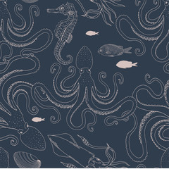 Octopus Squid Sea horse sketchy vector seamless pattern. Underwater creatures dark blue inky linear illustration backdrop. Elegant ocean animals surface textile, wallpaper design
