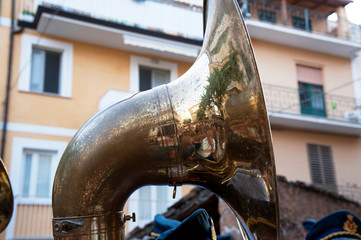 A bass tuba musician of a marching band