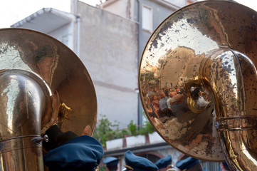 A bass tuba musician of a marching band