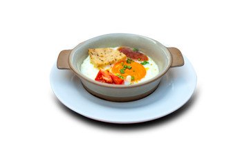 Pan eggs in a container plate isolated on white background
