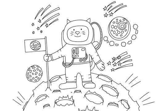 coloring book with astronaut cat, vector illustration