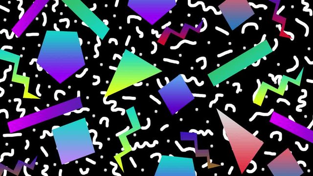 Retro abstract 80's 90's design pattern background. Memphis style with geometrical shapes of different vintage colors. Seamless 4k pop art design that can be set in a loop.