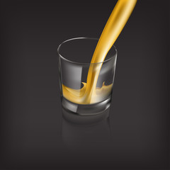 Transparent glass of scotch whiskey or rum with ice cubes realistic set