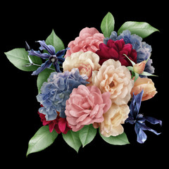 White roses, dark red dahlia, blue hydrangea and clematis isolated on black background. Floral arrangement, bouquet of garden flowers.