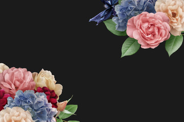 Floral banner, header with copy space. White roses, dark red dahlia, blue hydrangea and clematis isolated on dark background. Natural flowers wallpaper or greeting card.