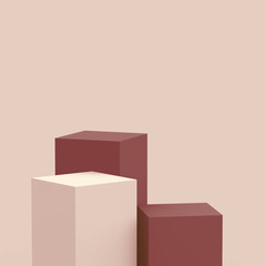 3d brown cubes square podium minimal studio background. Abstract 3d geometric shape object illustration render. Display for cosmetic perfume fashion product. Natural color tones.