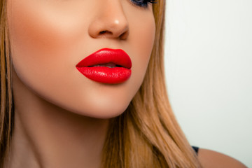 Lips. Beauty Portrait Lips Closeup. Copy space. Red Lipstick color. Make-up .  