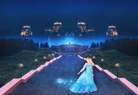 Beautiful princess Cinderella runs away from the ball and lost her crystal slipper. Art processing.