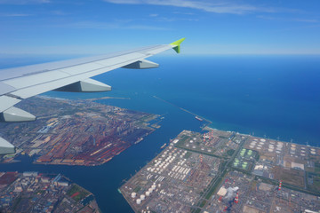 Approach Tokyo Narita airport. Air travel. VIew from an airplane window