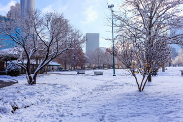 Scenic rare heavy snowfall downtown Atlanta, Georgia, US