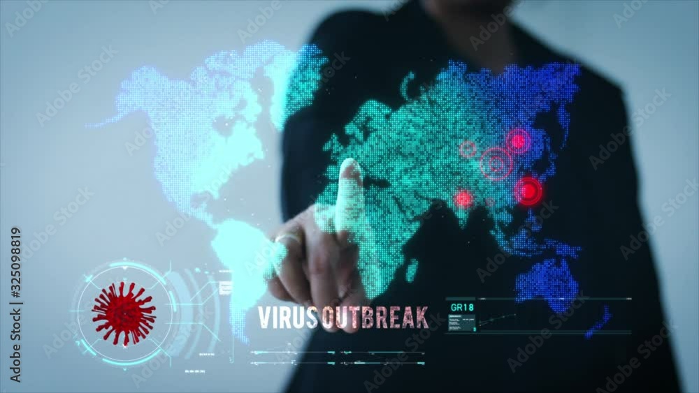 Poster businesswoman hand pointing on virus outbreak text with the disintegration, and hologram virtual eff