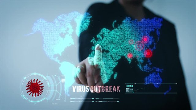 Businesswoman hand pointing on virus outbreak text with the disintegration, and hologram virtual effect graph bar world map element, animation on the dark background with dark and grain processed